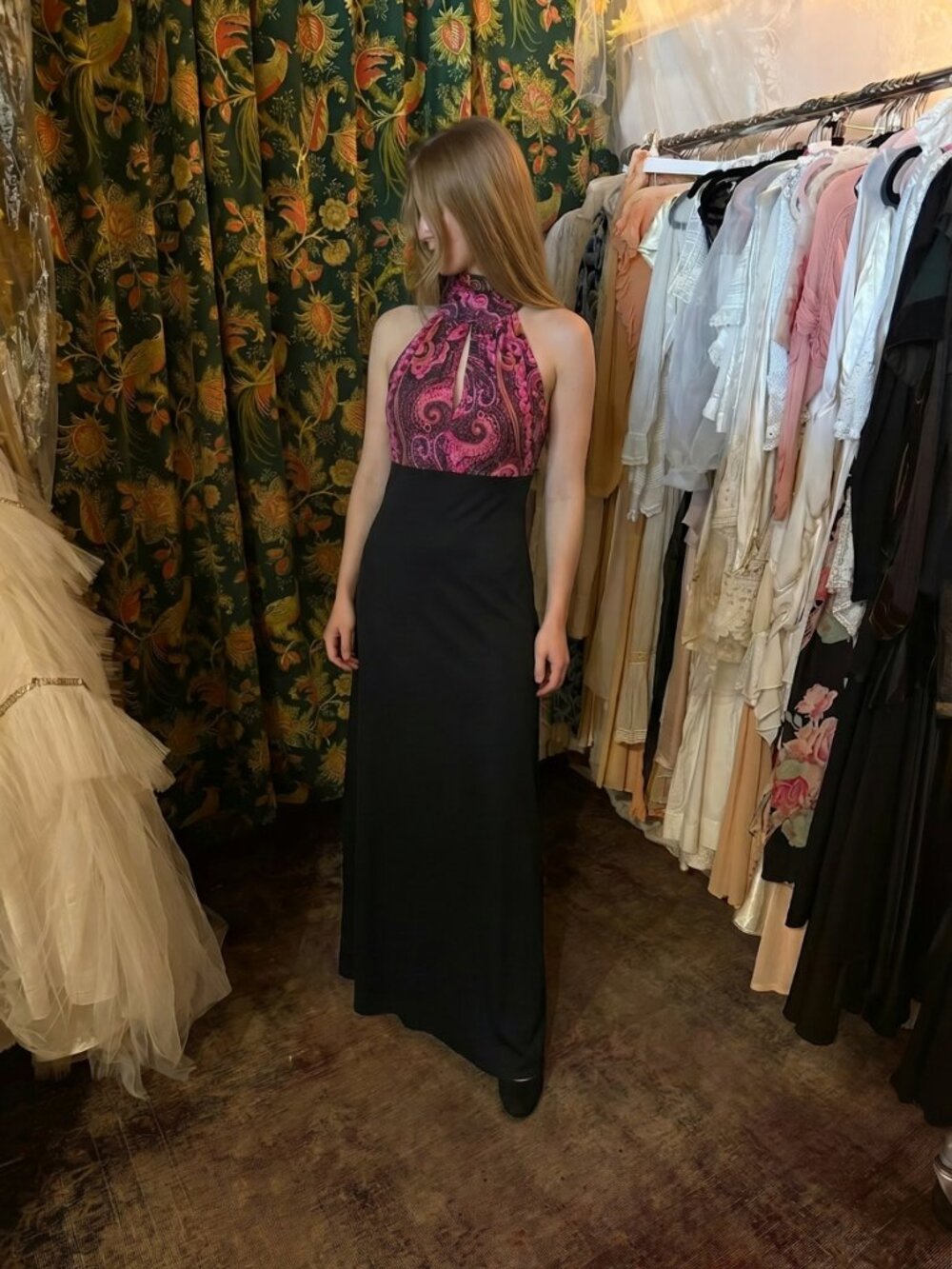 Vintage 70s Black & Psychedelic Print Halter Maxi Dress